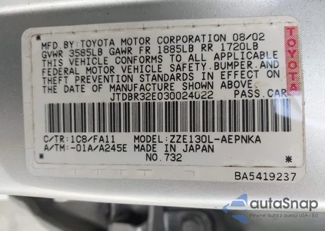 2003 Toyota Corolla Le z USA, uszkodzony, nr VIN JTDBR32E030024022